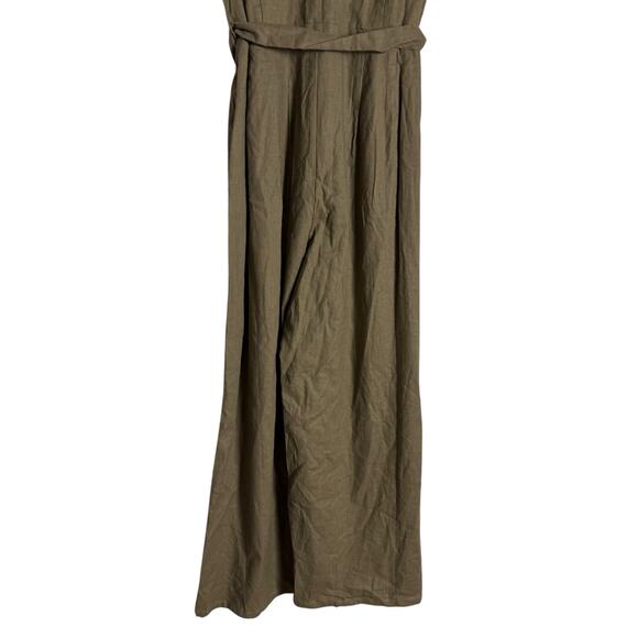 Tahari Olive Green Linen Blend Sleeveless V-Neck Belted Tie Waist Jumpsuit 4 - Picture 7 of 9
